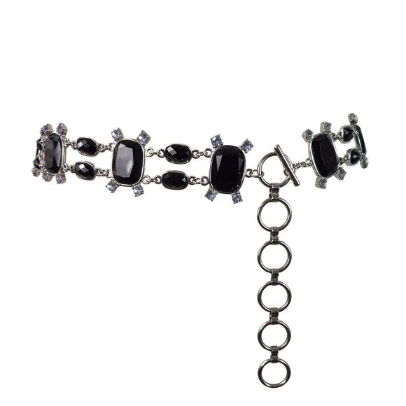 Black Faceted Gemstones Rhinestones Silver Tone Bling Metal Waist Belt 30\